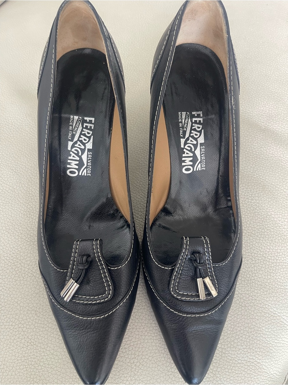 Salvatore Ferragamo Black Leather Pointed Toe Pumps with Tassel Detail